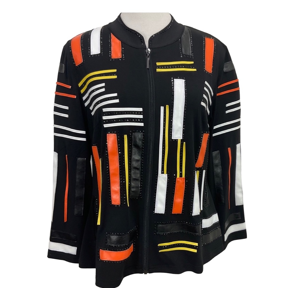 Berek Black & Orange Geometric Zippered Jacket Size L
